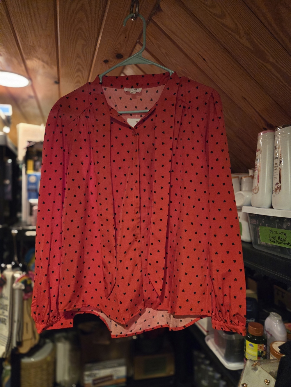 Tulip B Red Heart Print Tie-Neck Blouse Long Sleeve Top